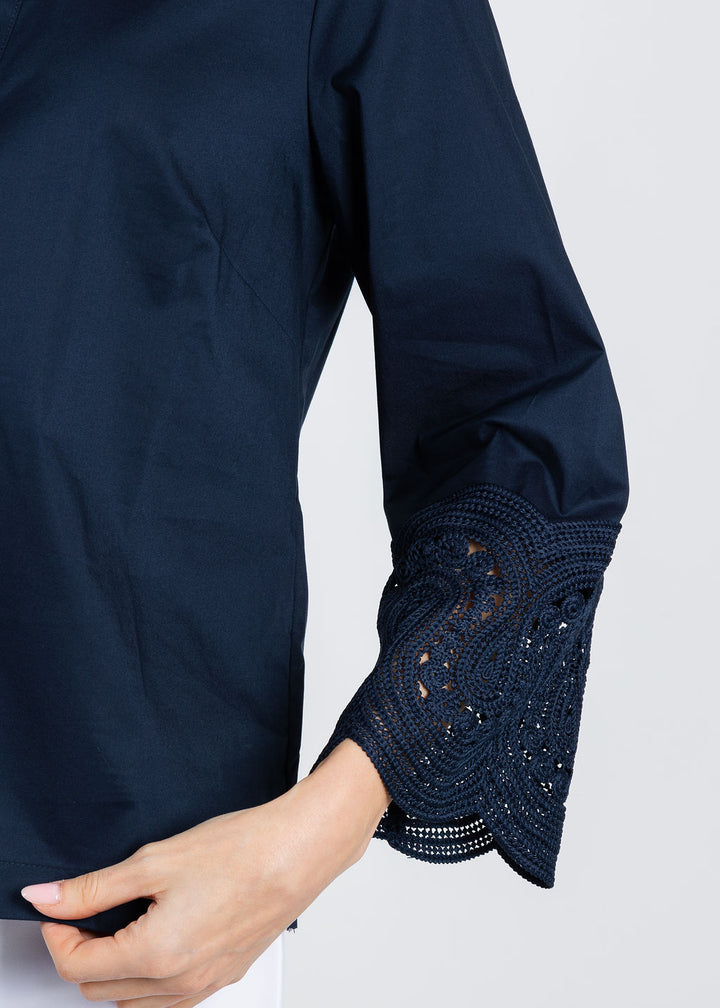 Hinson Wu Mona Bracelet Sleeve Lace Top in Navy available at Barbara Katz