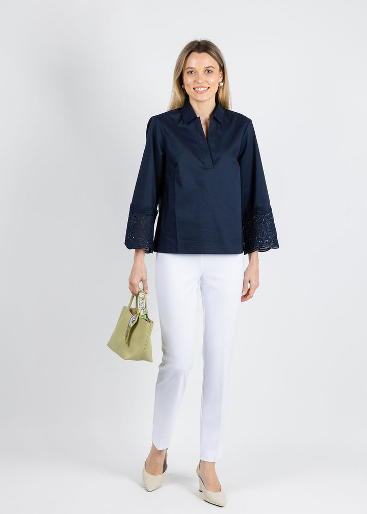 Hinson Wu Mona Bracelet Sleeve Lace Top in Navy available at Barbara Katz