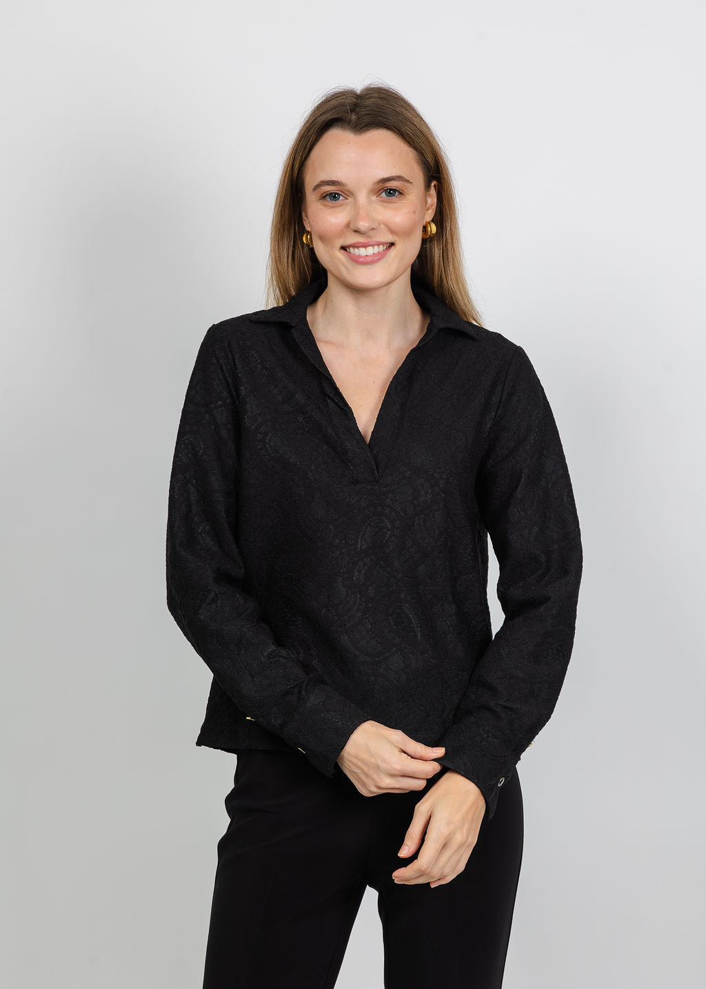 Hinson Wu Mona Long Sleeve Bonded Lace Top in Black available at Barbara Katz