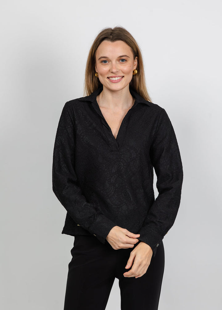 Hinson Wu Mona Long Sleeve Bonded Lace Top in Black available at Barbara Katz