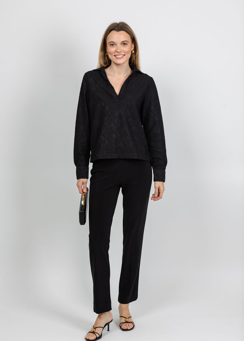 Hinson Wu Mona Long Sleeve Bonded Lace Top in Black available at Barbara Katz