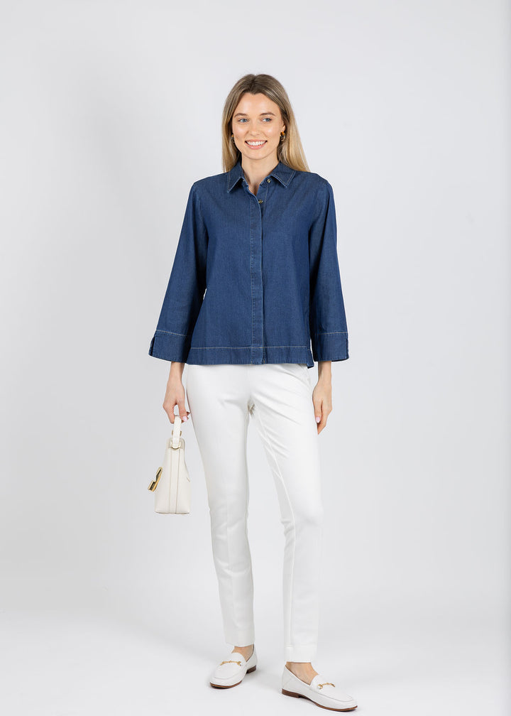 Hinson Wu New Xena 3/4 Sleeve Denim Shirt in Dark Wash available at Barbara Katz