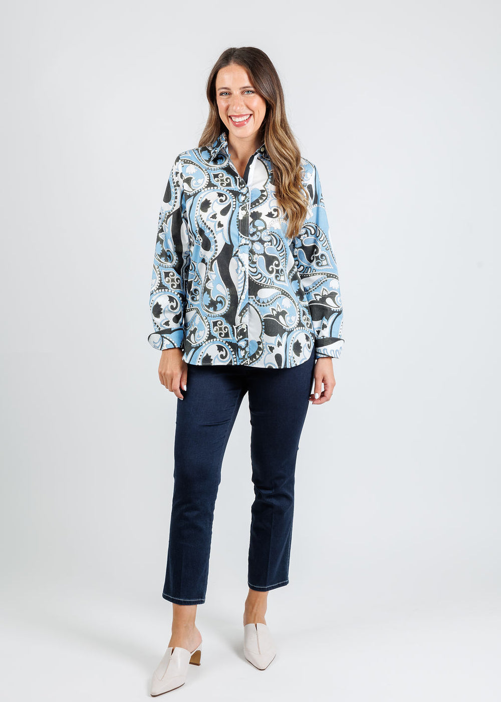 Hinson Wu Reese Long Sleeve Shirt in Dancing Paisley print paired with Peace of Cloth Joey Crop Jeans in Indigo available at Barbara Katz