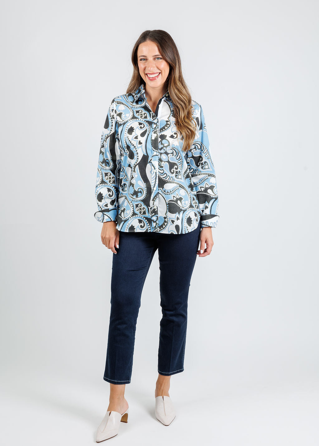 Hinson Wu Reese Long Sleeve Shirt in Dancing Paisley print paired with Peace of Cloth Joey Crop Jeans in Indigo available at Barbara Katz
