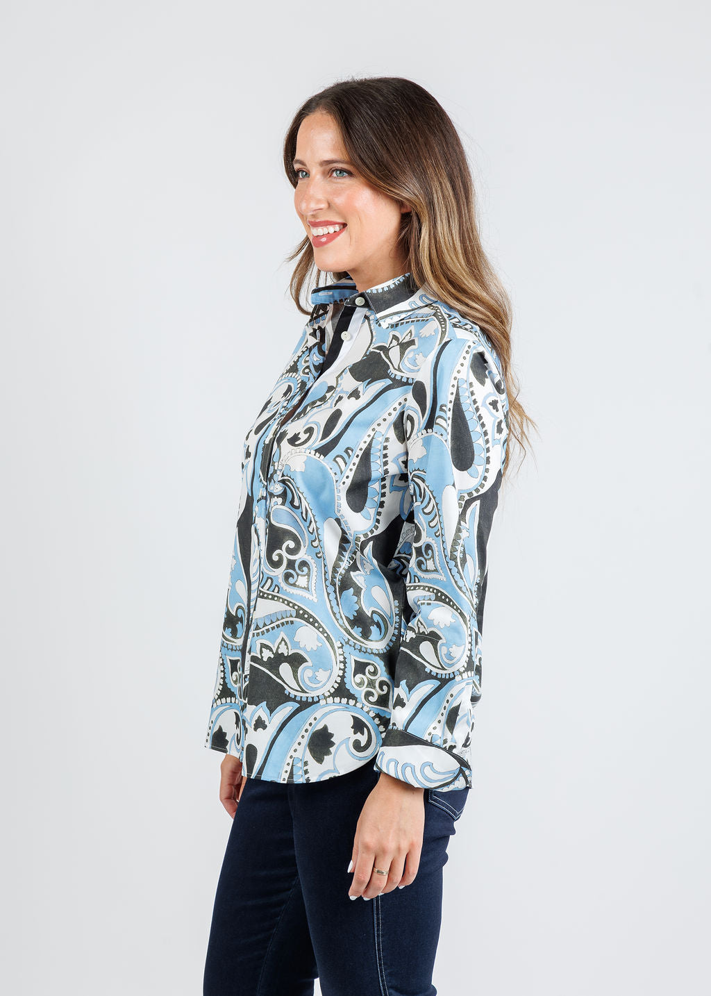 Hinson Wu Reese Long Sleeve Shirt in Dancing Paisley print available at Barbara Katz