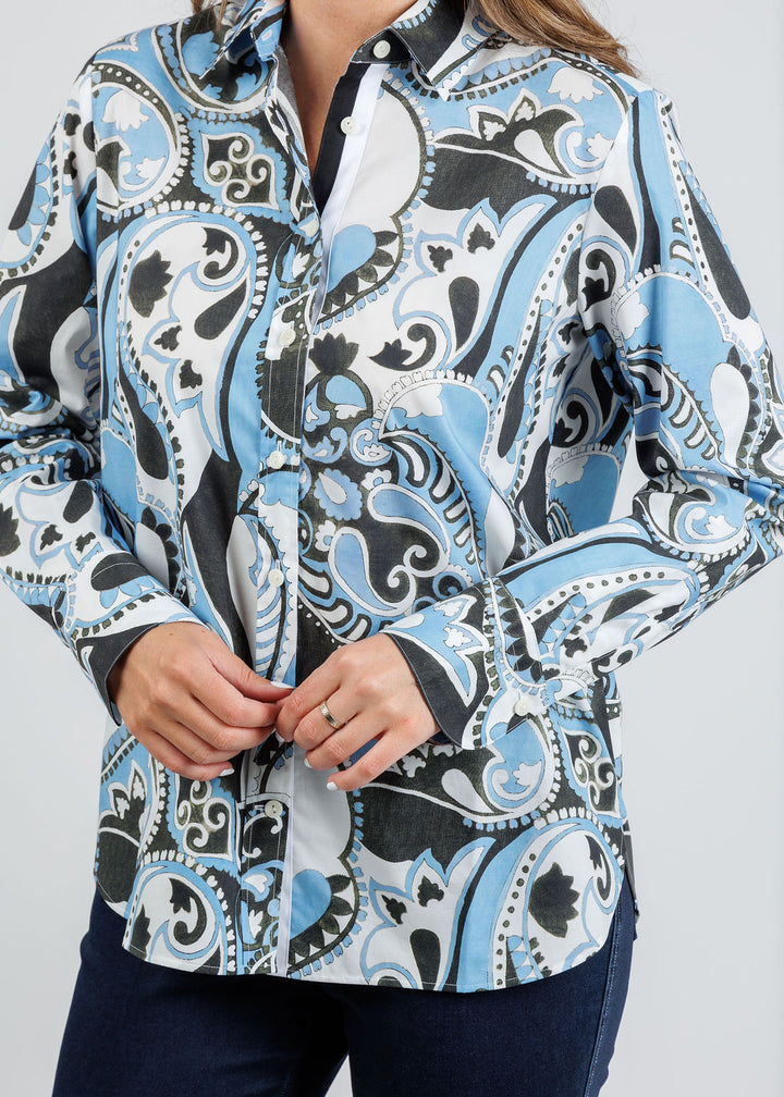 Hinson Wu Reese Long Sleeve Shirt in Dancing Paisley print available at Barbara Katz