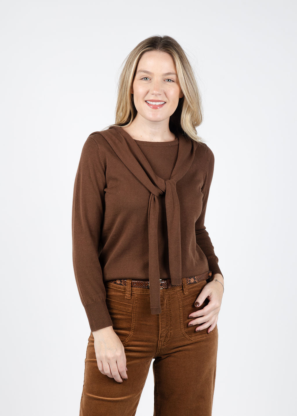 Hinson Wu Sloane 3/4 Sleeve Tie Shoulder Sweater in Chocolate available at Barbara Kat