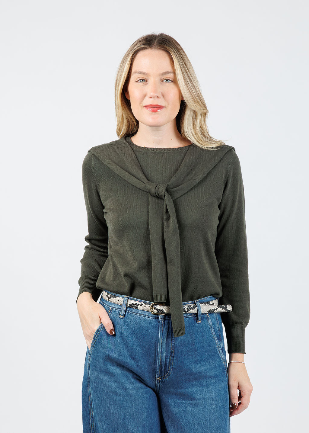 Hinson Wu Sloane 3/4 Sleeve Tie Shoulder Sweater in Oregano available at Barbara Katz