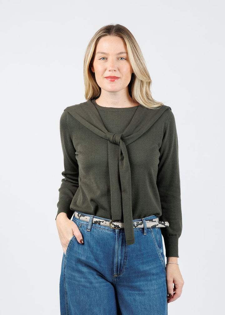 Hinson Wu Sloane 3/4 Sleeve Tie Shoulder Sweater in Oregano available at Barbara Katz