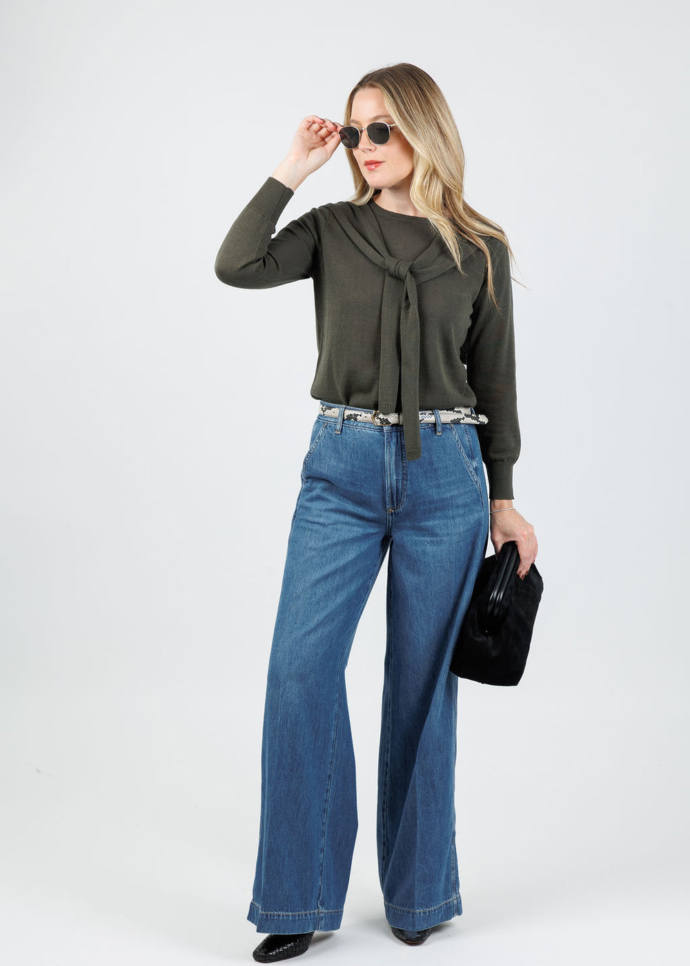 Hinson Wu Sloane 3/4 Sleeve Tie Shoulder Sweater in Oregano paired with Pistola Jadyn Double Button Low Slung Palazzo Jeans in Imagine available at Barbara Katz