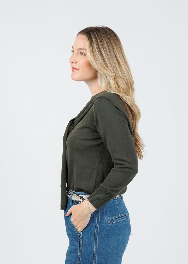 Hinson Wu Sloane 3/4 Sleeve Tie Shoulder Sweater in Oregano available at Barbara Katz