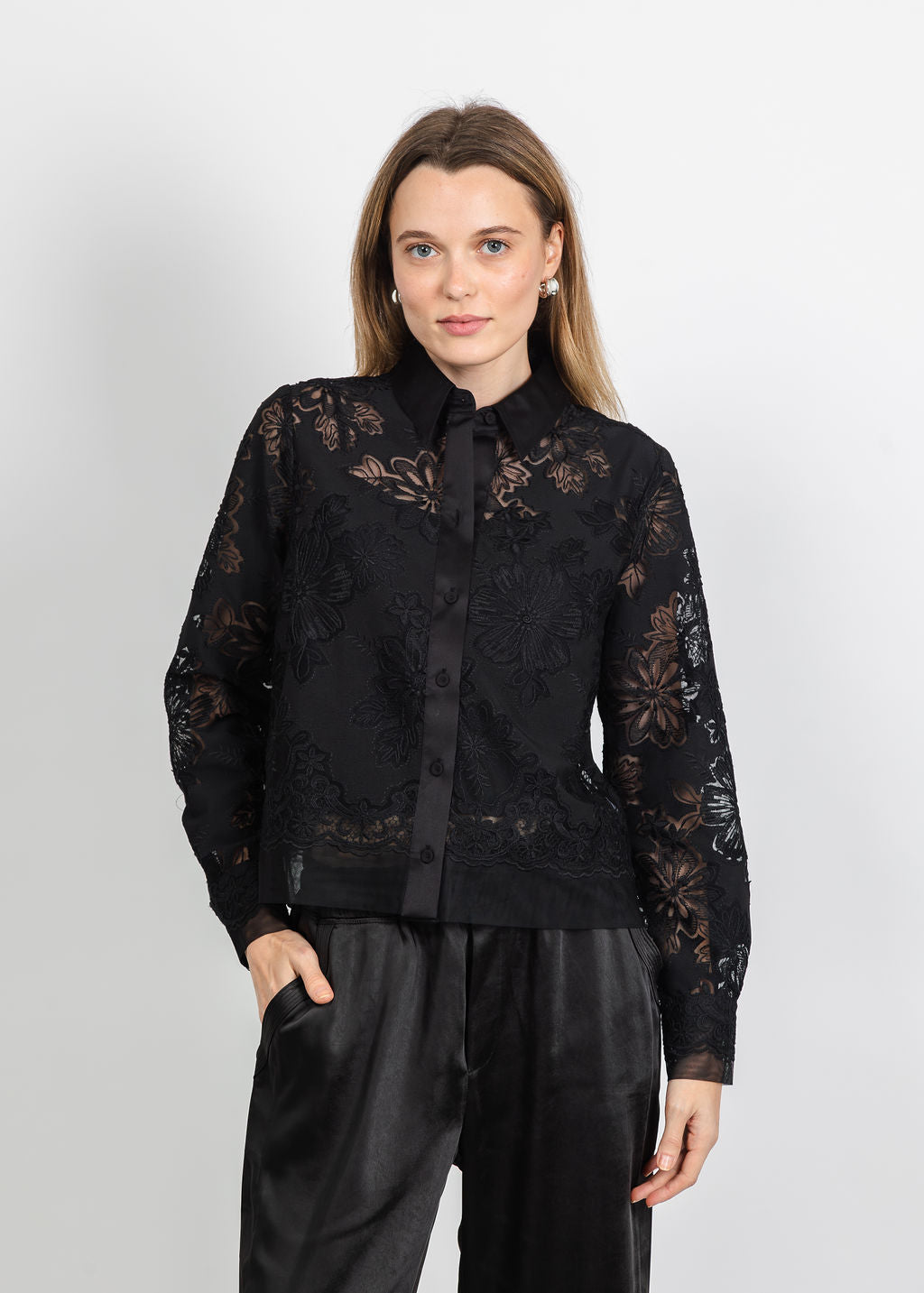 Hinson Wu Venus Long Sleeve Floral Mesh Lace Shirt in Black available at Barbara Katz