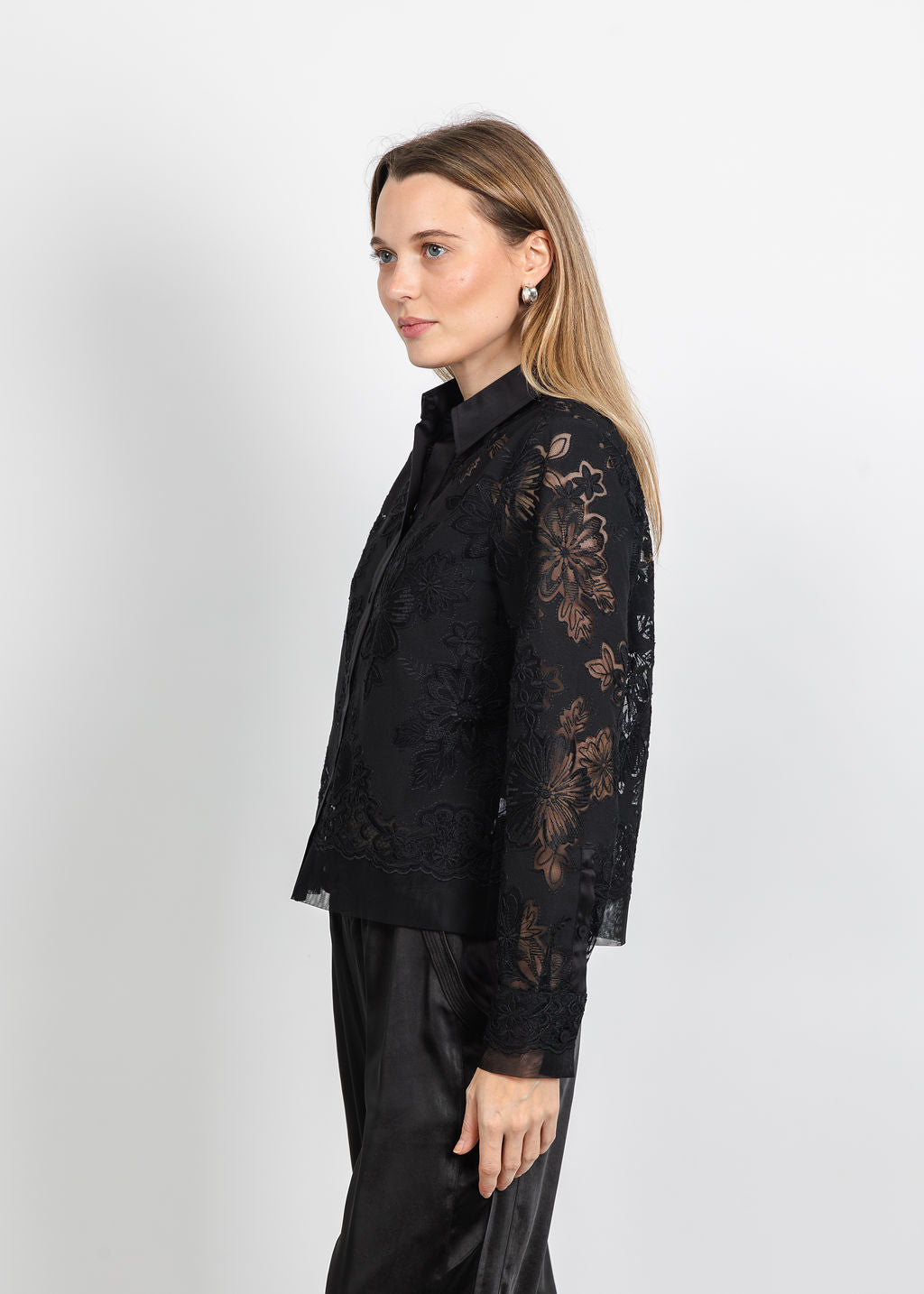 Hinson Wu Venus Long Sleeve Floral Mesh Lace Shirt in Black available at Barbara Katz