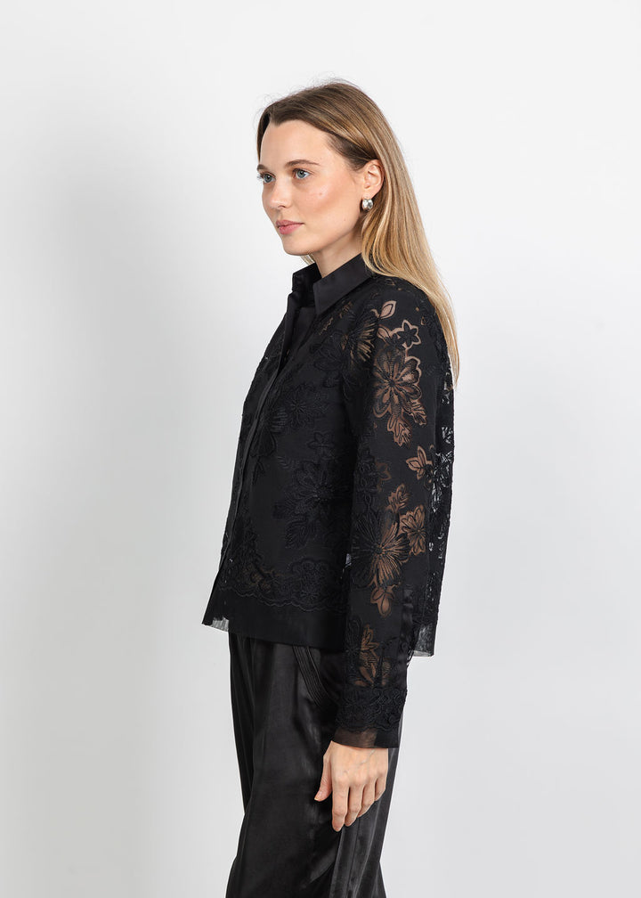 Hinson Wu Venus Long Sleeve Floral Mesh Lace Shirt in Black available at Barbara Katz