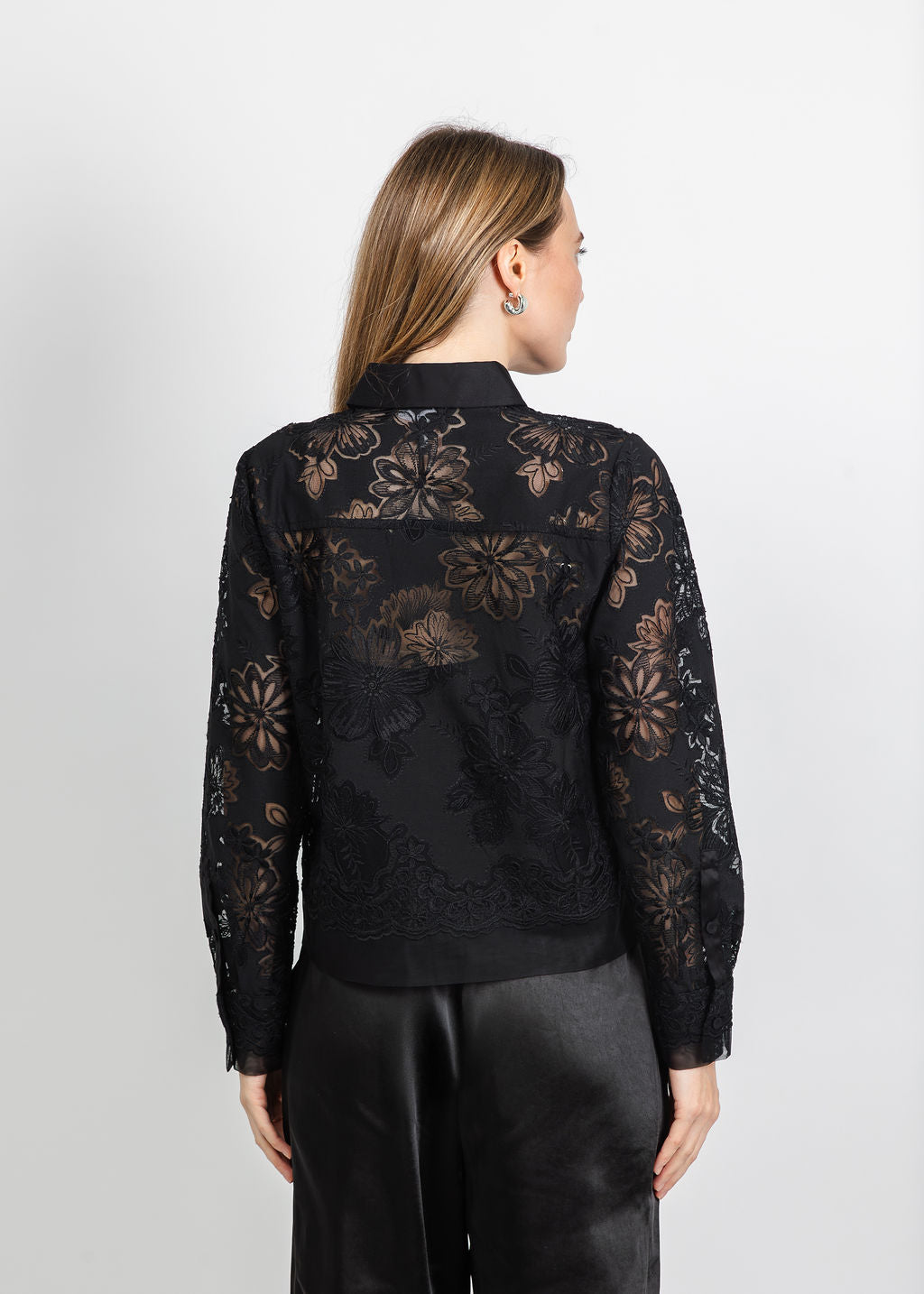 Hinson Wu Venus Long Sleeve Floral Mesh Lace Shirt in Black available at Barbara Katz