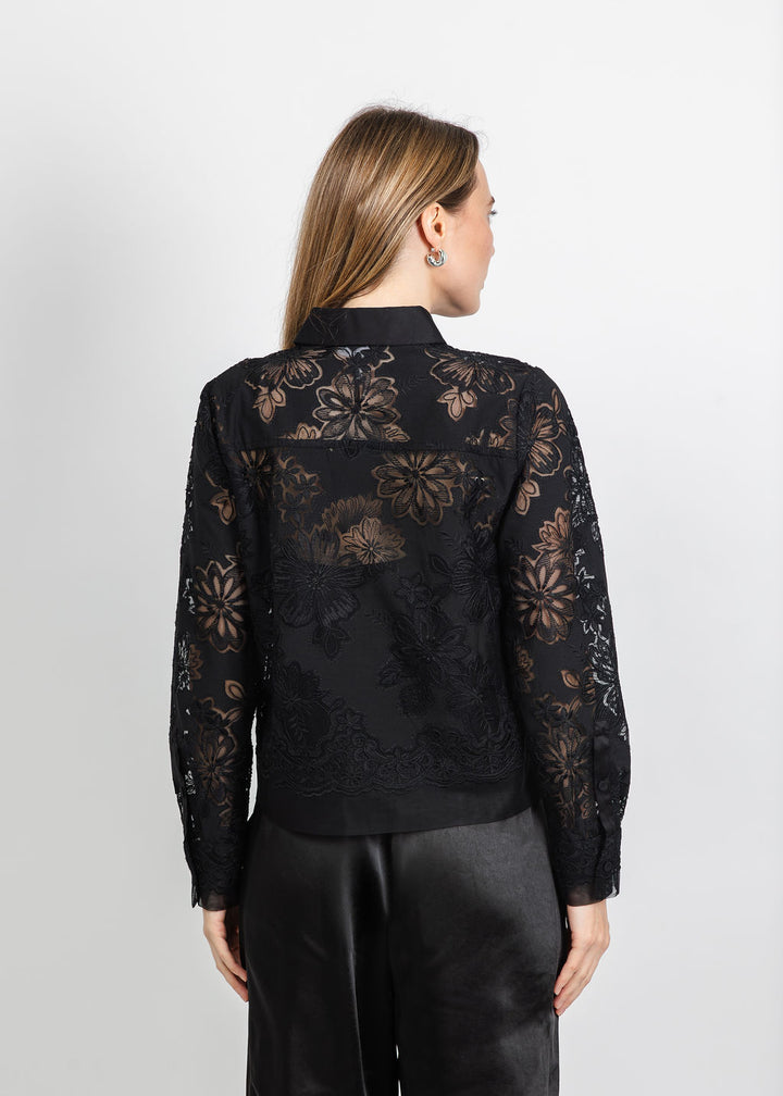Hinson Wu Venus Long Sleeve Floral Mesh Lace Shirt in Black available at Barbara Katz