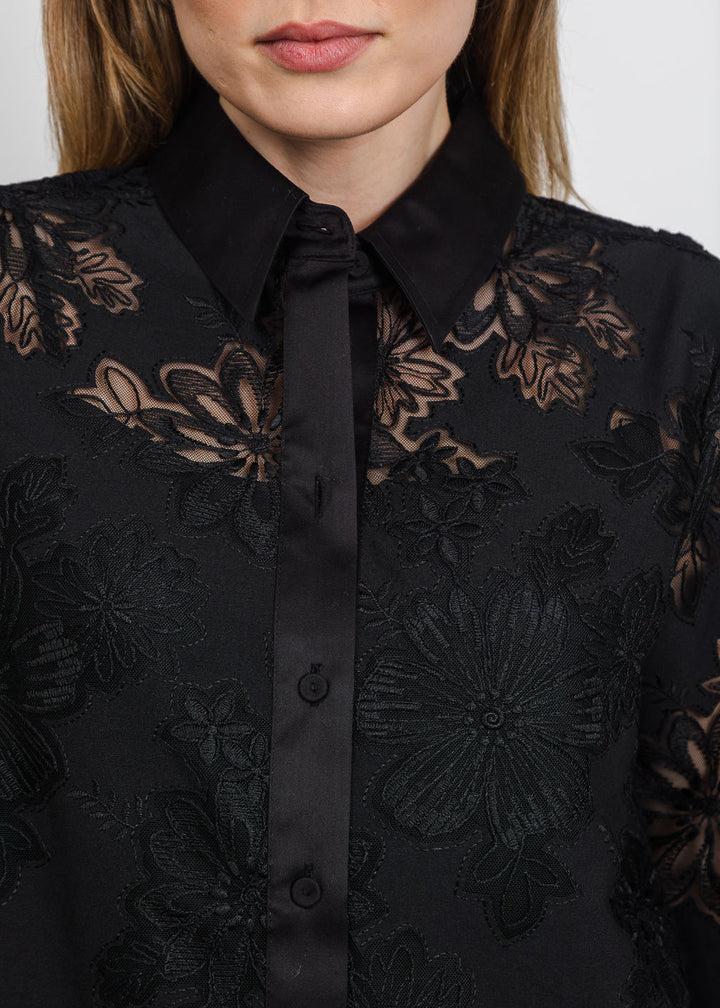Hinson Wu Venus Long Sleeve Floral Mesh Lace Shirt in Black available at Barbara Katz