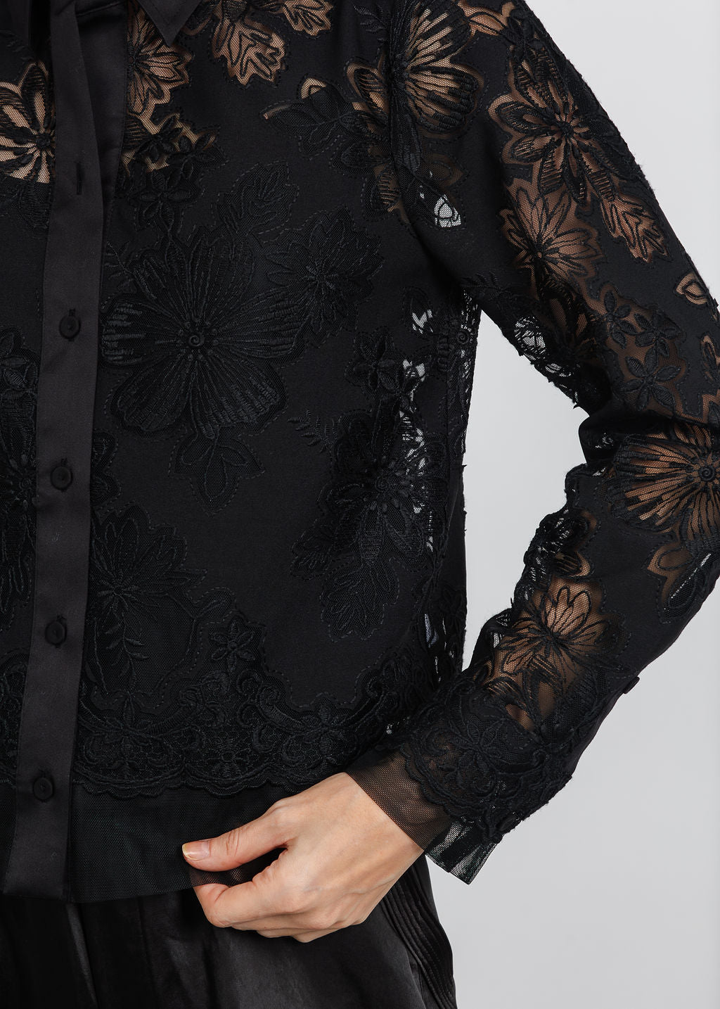 Hinson Wu Venus Long Sleeve Floral Mesh Lace Shirt in Black available at Barbara Katz