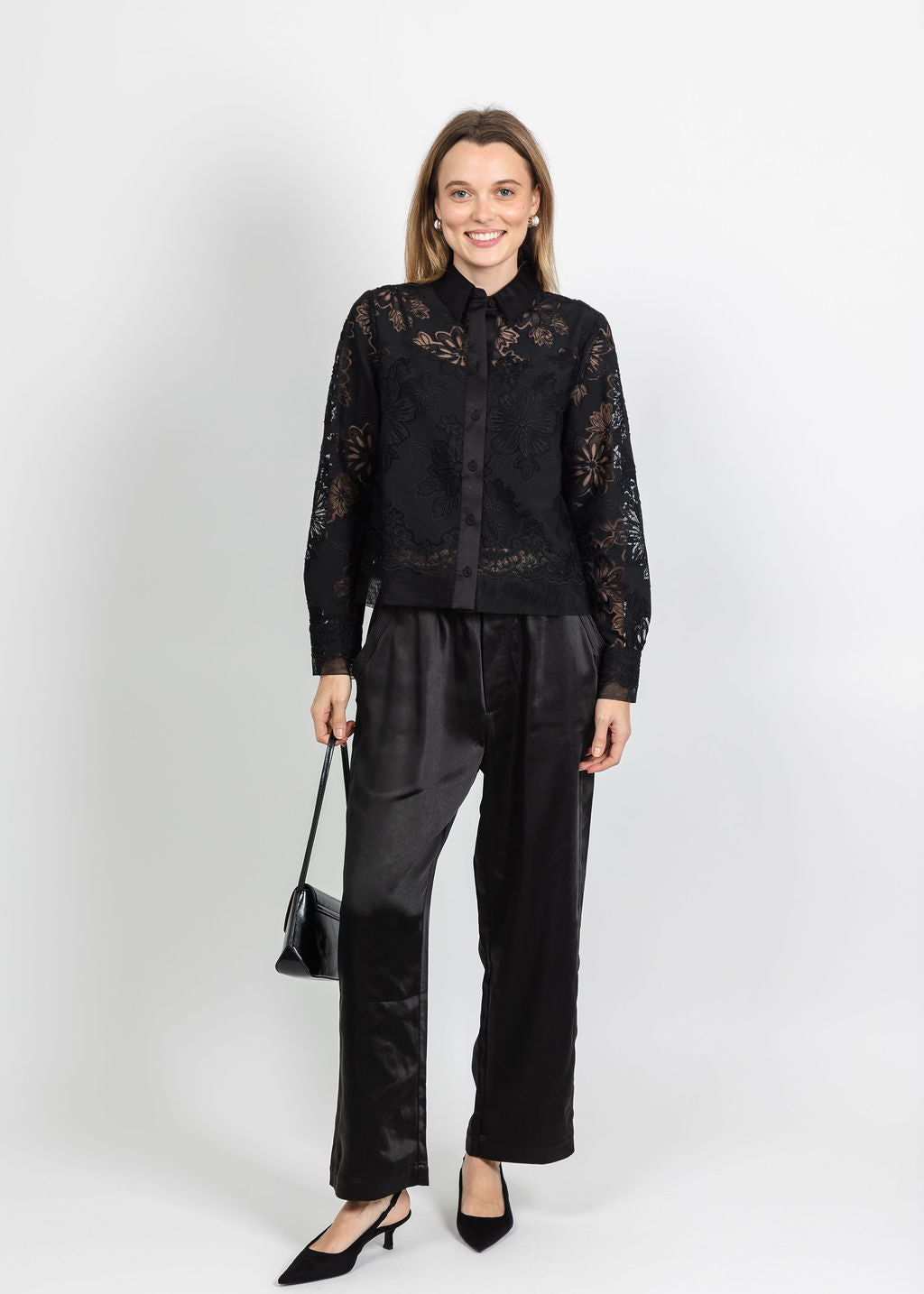 Hinson Wu Venus Long Sleeve Floral Mesh Lace Shirt in Black available at Barbara Katz