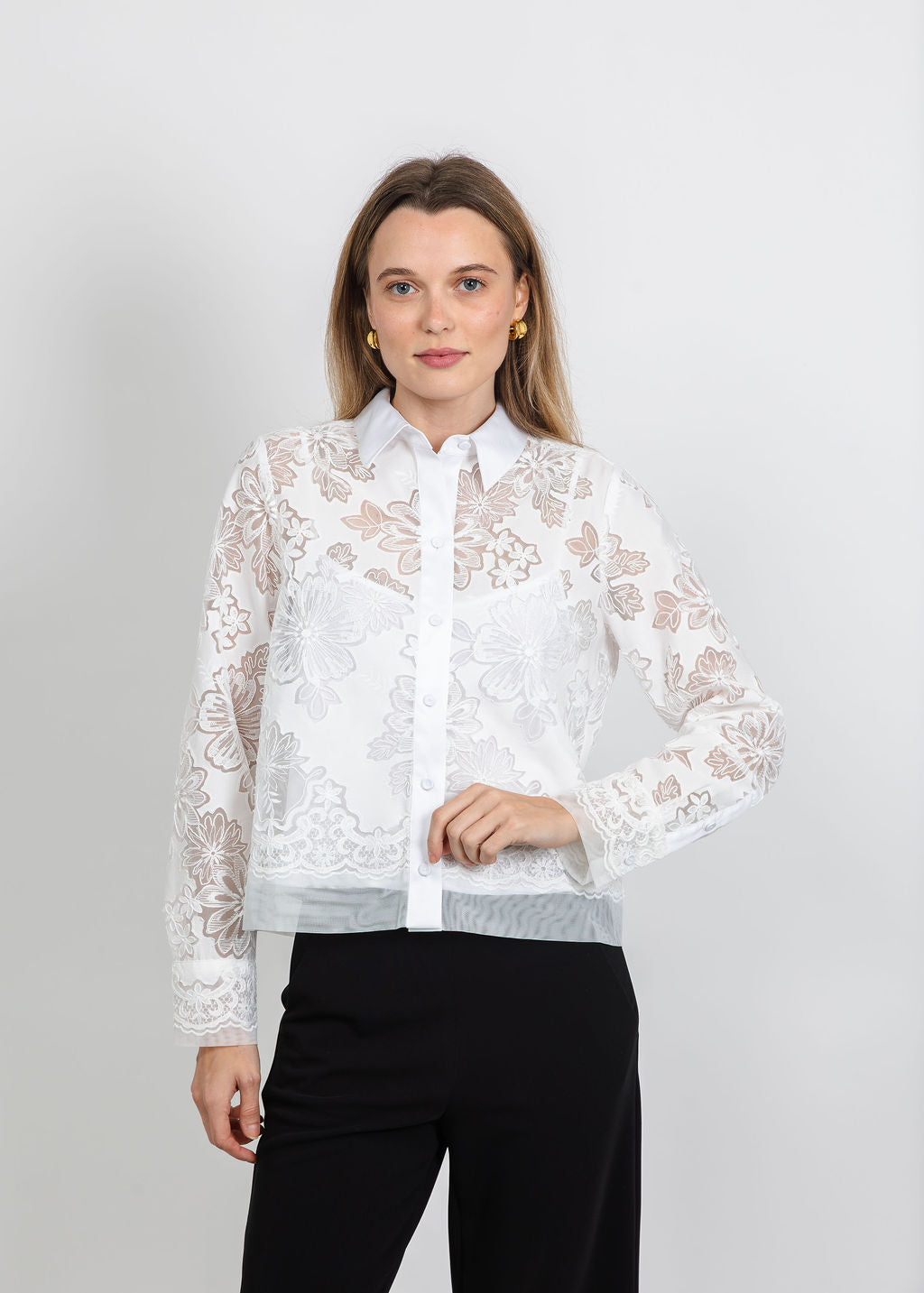 Hinson Wu Venus Long Sleeve Floral Mesh Lace Shirt in White available at Barbara Katz