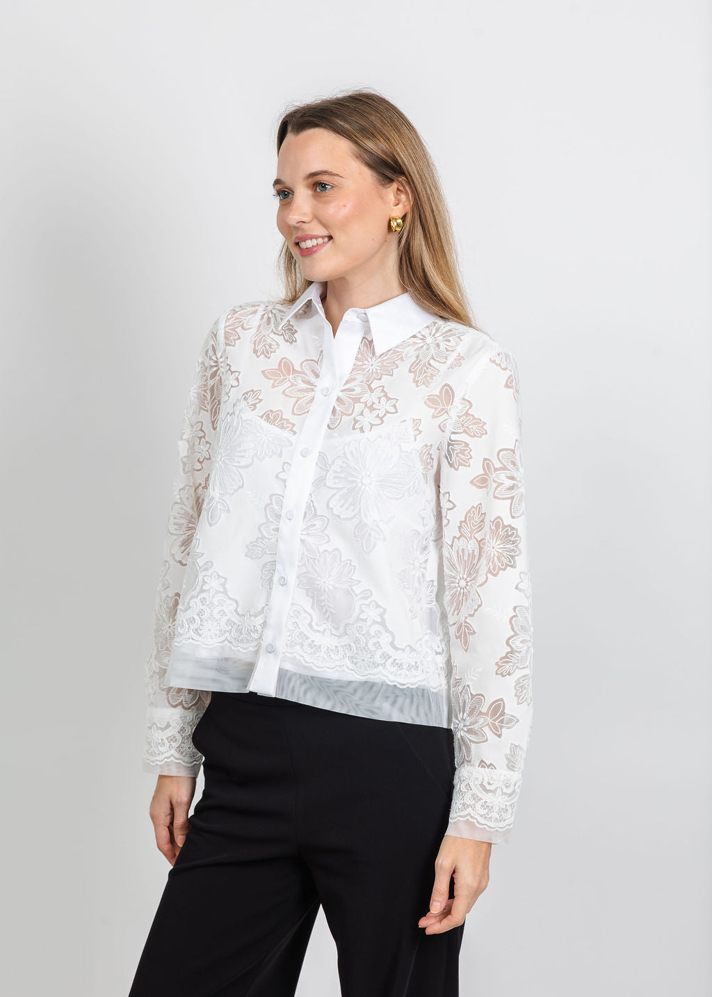 Hinson Wu Venus Long Sleeve Floral Mesh Lace Shirt in White available at Barbara Katz