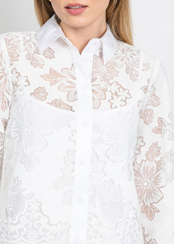 Hinson Wu Venus Long Sleeve Floral Mesh Lace Shirt in White available at Barbara Katz