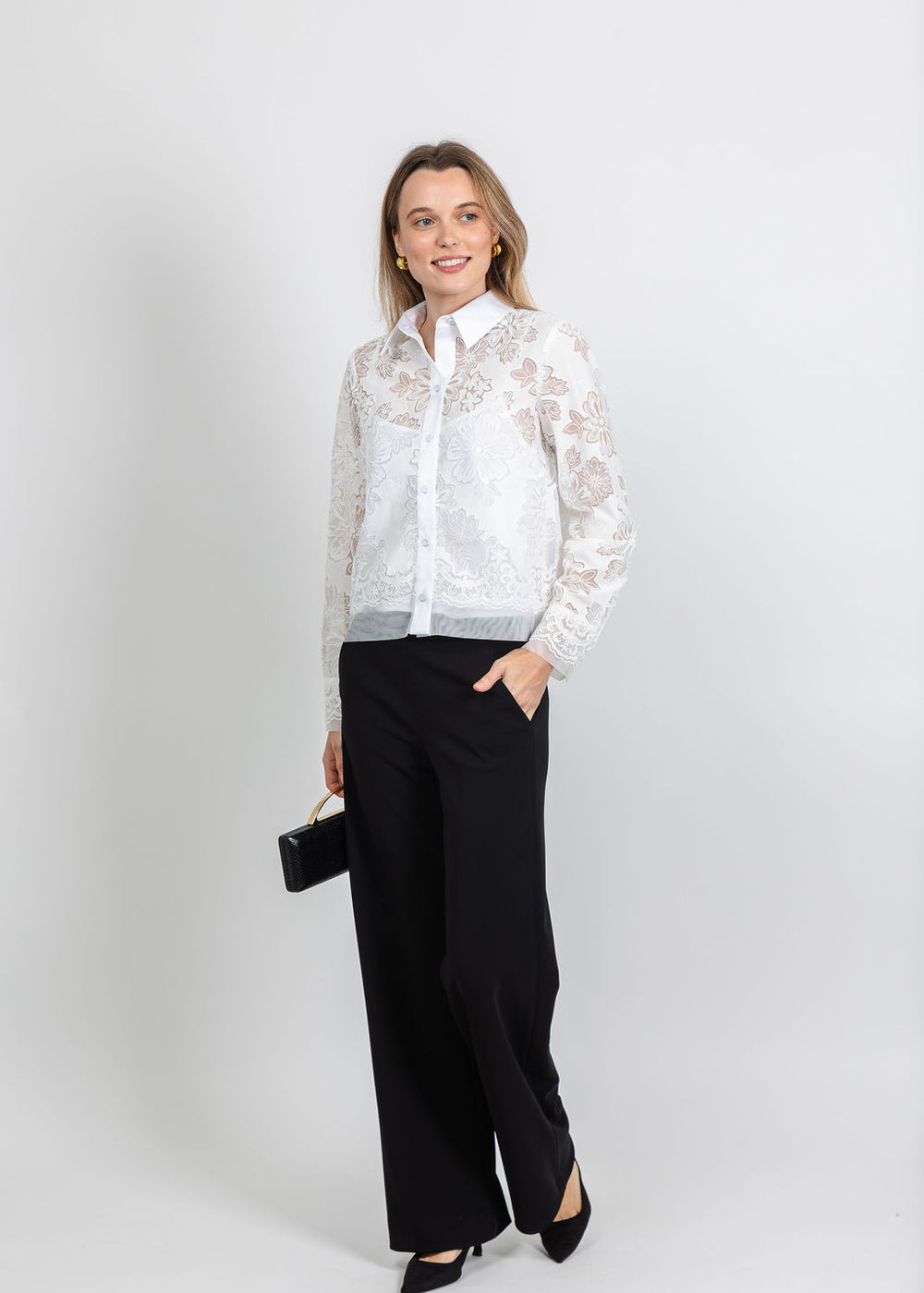 Hinson Wu Venus Long Sleeve Floral Mesh Lace Shirt in White available at Barbara Katz