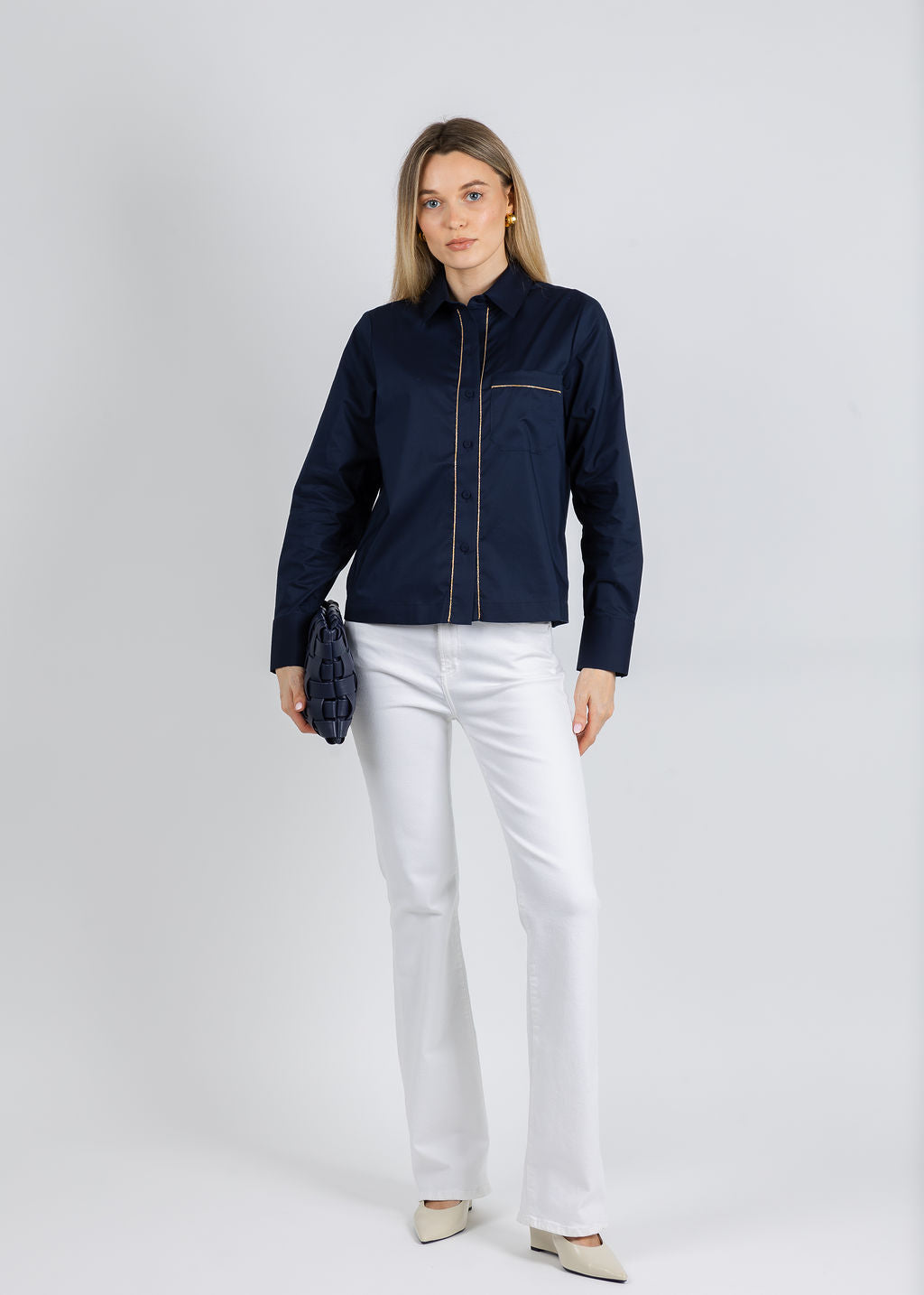 Hinson Wu Venus Long Sleeve Metallic Bead Shirt in Navy available at Barbara Katz