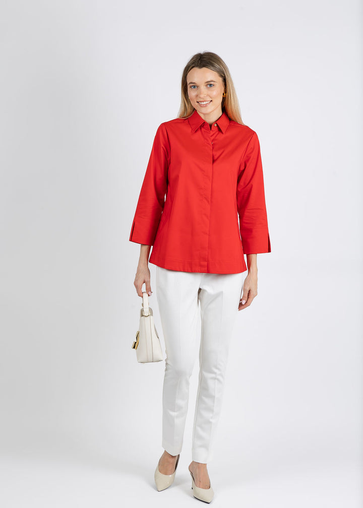 Hinson Wu Xena 3/4 Sleeve Zip Back Shirt in Poppy available at Barbara Katz