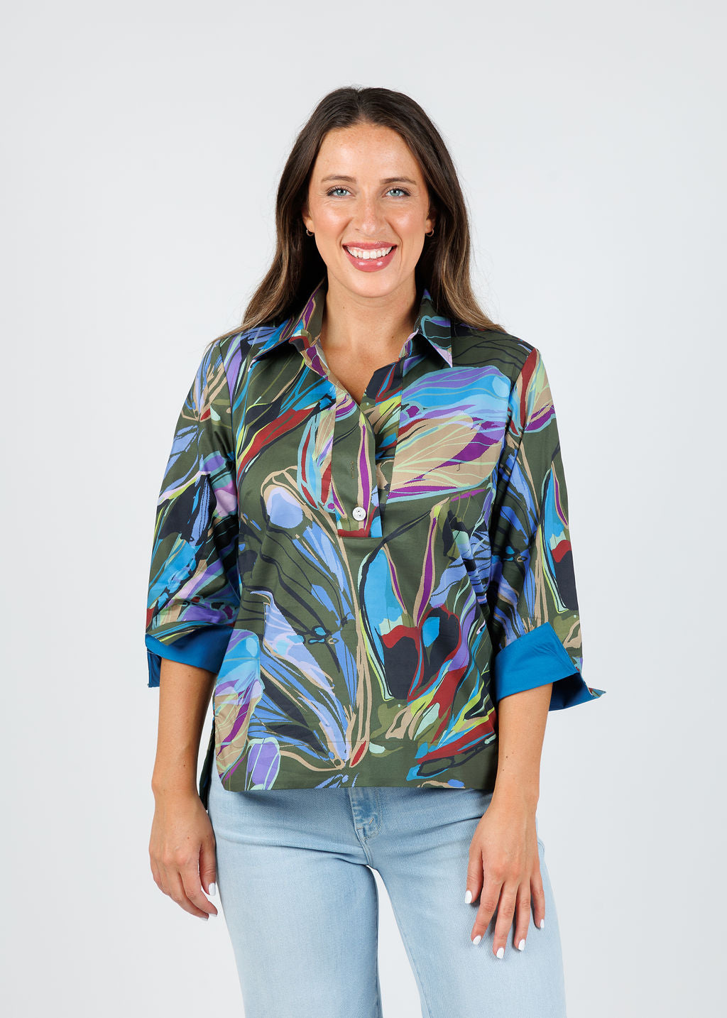 Hinson Wu Aileen 3/4 Sleeve Abstract Camo Shirt available at Barbara Katz