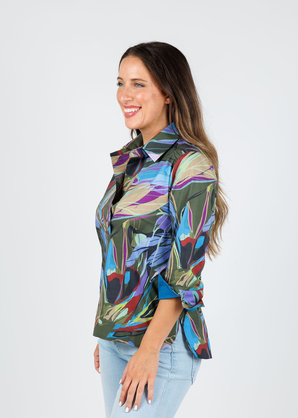 Hinson Wu Aileen 3/4 Sleeve Abstract Camo Shirt available at Barbara Katz