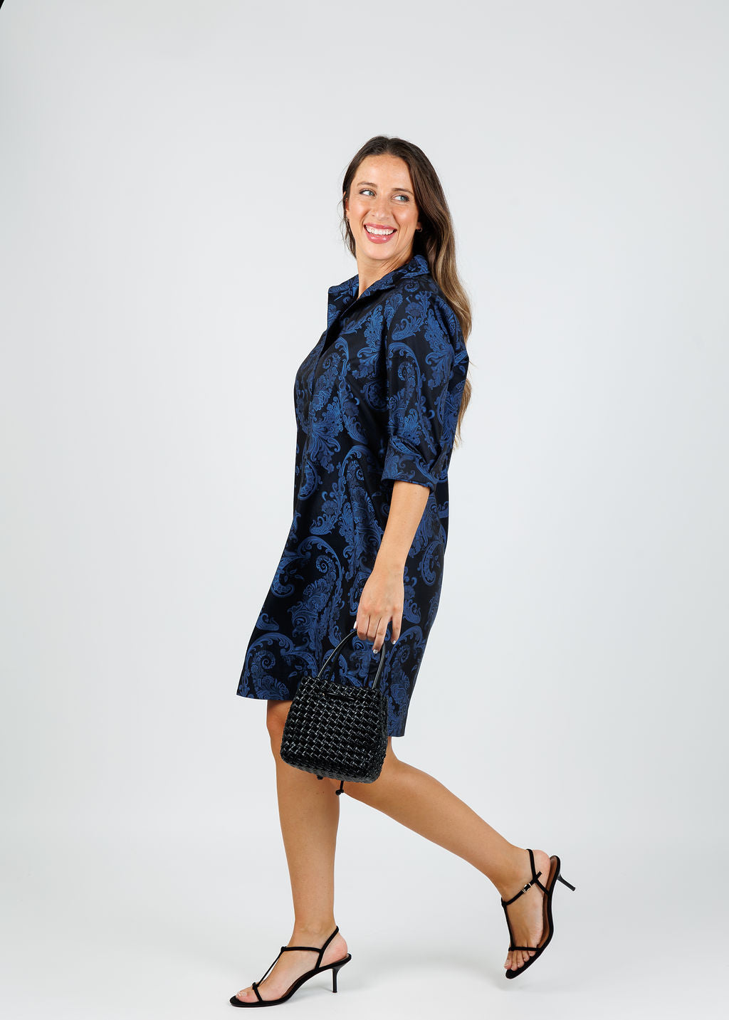 Hinson Wu Aileen 3/4 Sleeve Black/Electric Blue Print Dress available at Barbara Katz