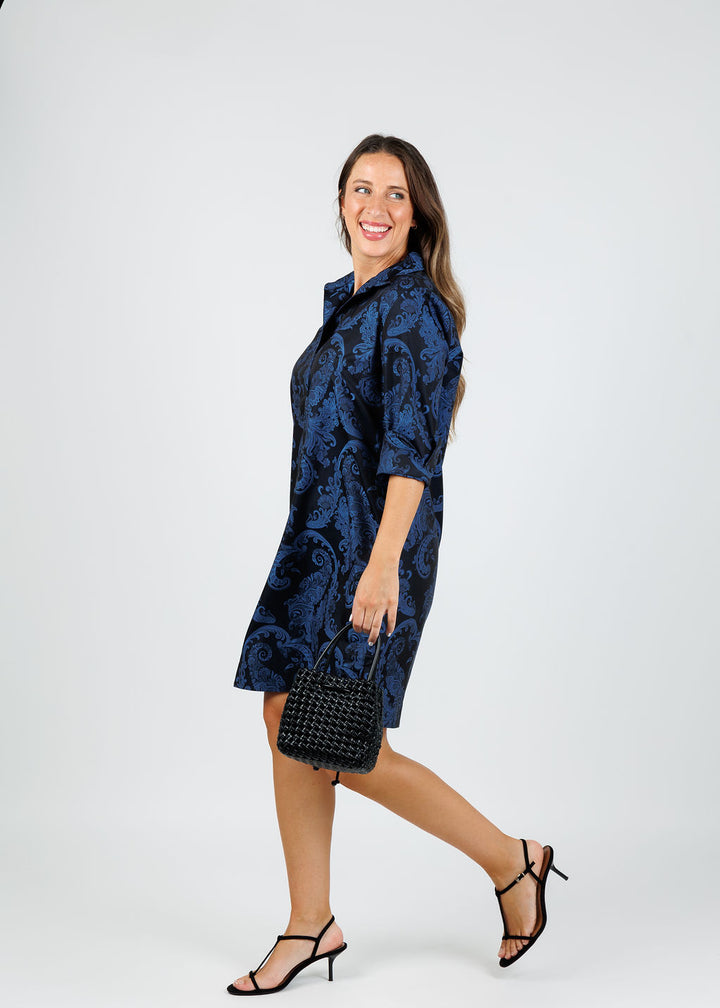 Hinson Wu Aileen 3/4 Sleeve Black/Electric Blue Print Dress available at Barbara Katz