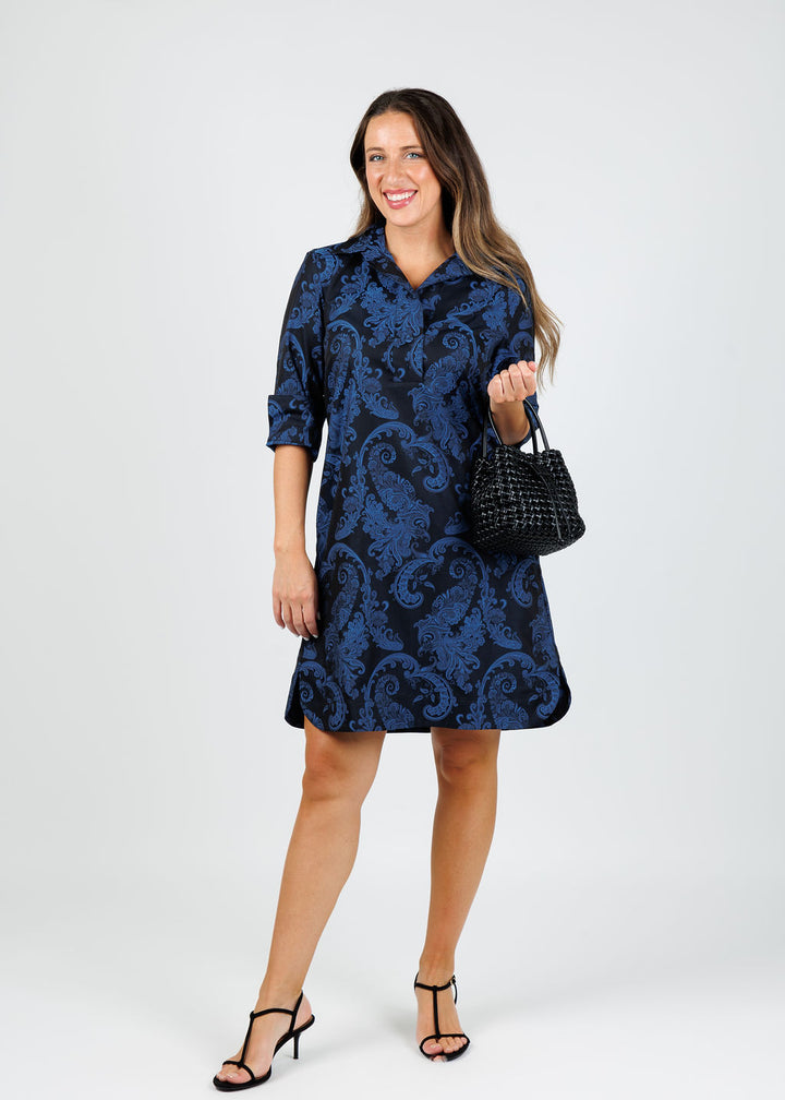 Hinson Wu Aileen 3/4 Sleeve Black/Electric Blue Print Dress available at Barbara Katz