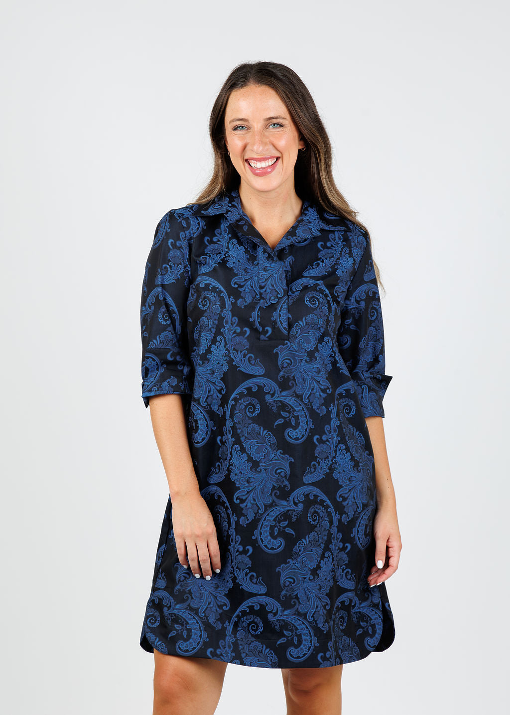 Hinson Wu Aileen 3/4 Sleeve Black/Electric Blue Print Dress available at Barbara Katz