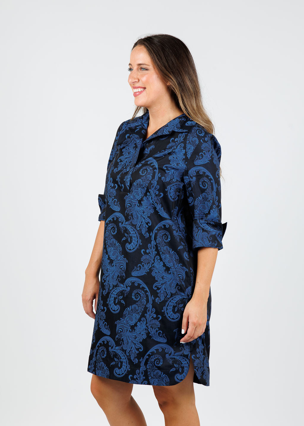 Hinson Wu Aileen 3/4 Sleeve Black/Electric Blue Print Dress available at Barbara Katz