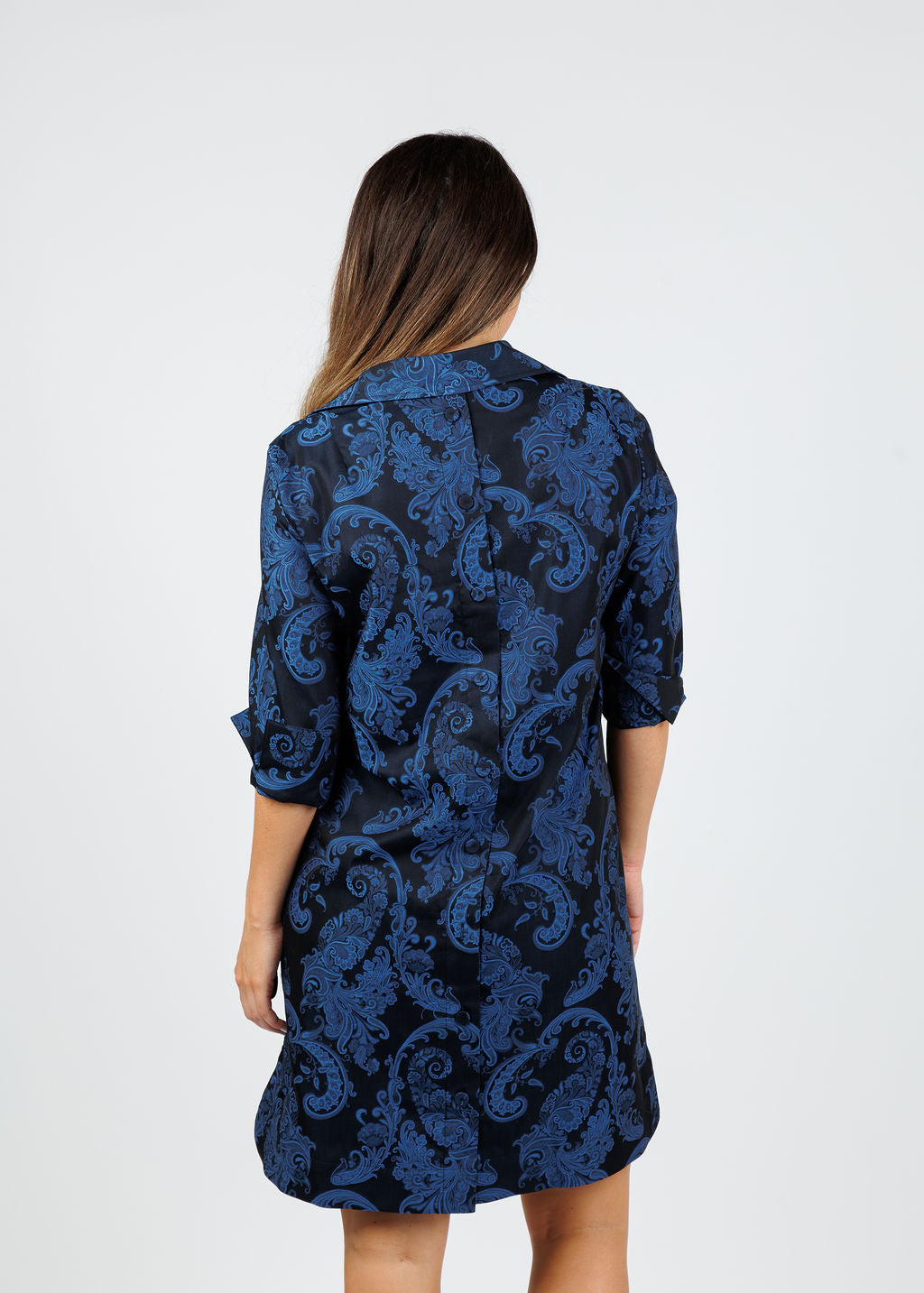 Hinson Wu Aileen 3/4 Sleeve Black/Electric Blue Print Dress available at Barbara Katz