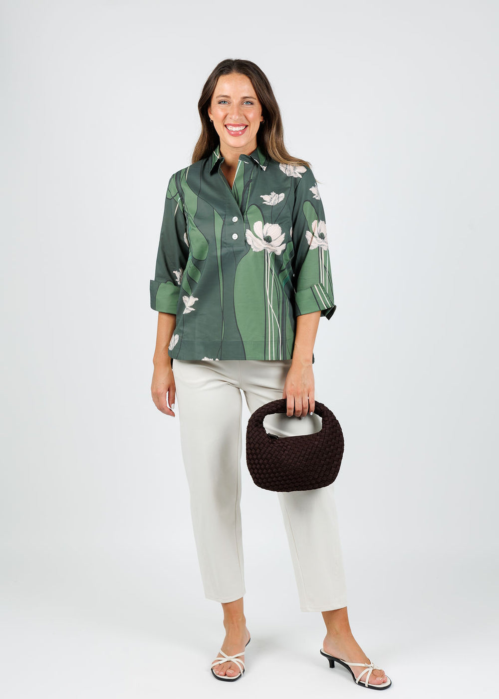 Hinson Wu Aileen 3/4 Sleeve Poppy Print Shirt available at Barbara Katz