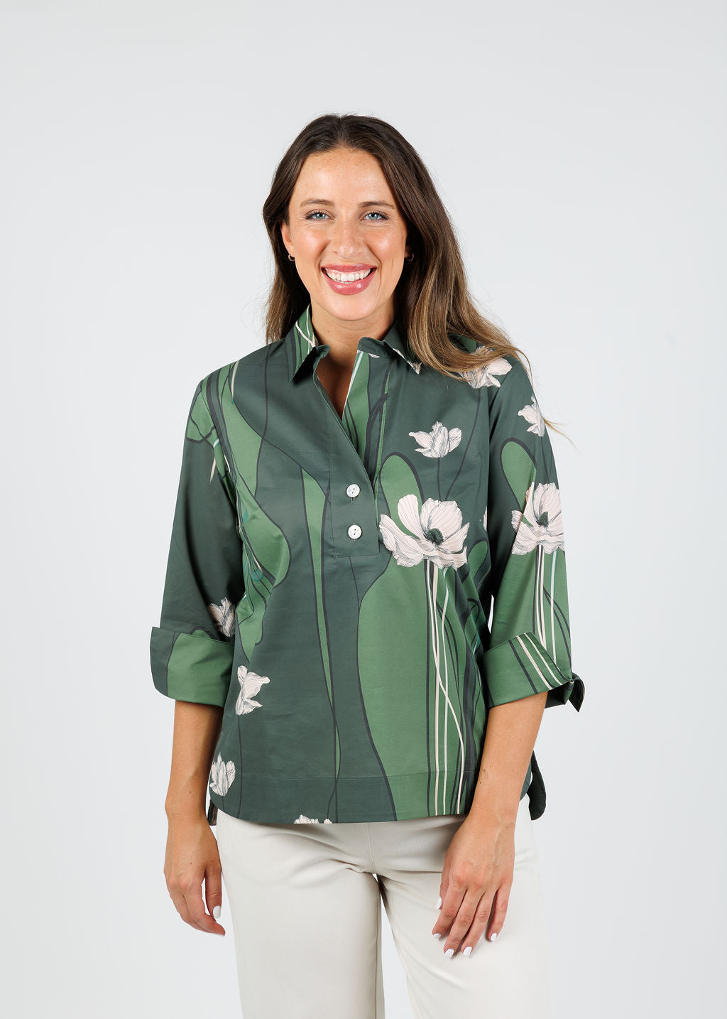 Hinson Wu Aileen 3/4 Sleeve Poppy Print Shirt available at Barbara Katz