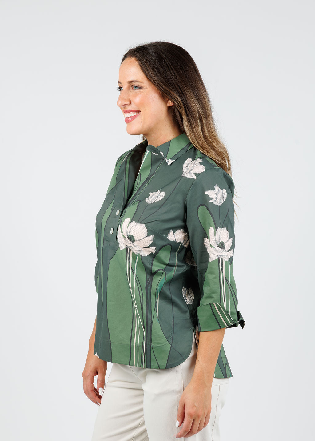 Hinson Wu Aileen 3/4 Sleeve Poppy Print Shirt available at Barbara Katz