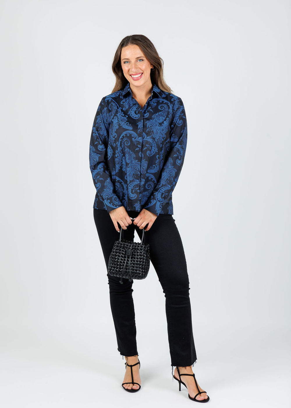 Hinson Wu Xena Long Sleeve Black/Electric Blue Print Shirt available at Barbara Katz