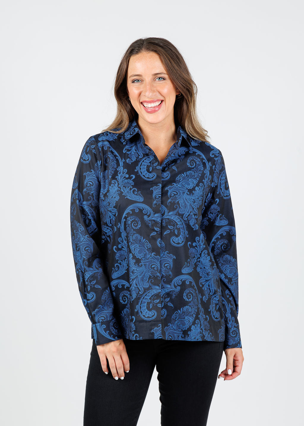 Hinson Wu Xena Long Sleeve Black/Electric Blue Print Shirt available at Barbara Katz
