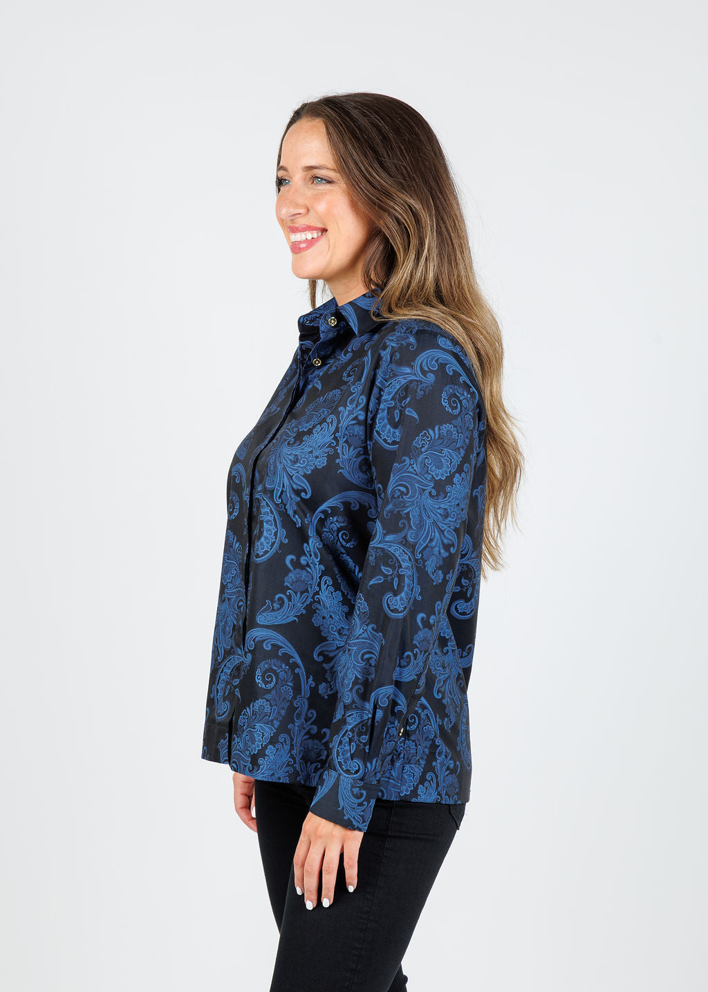 Hinson Wu Xena Long Sleeve Black/Electric Blue Print Shirt available at Barbara Katz