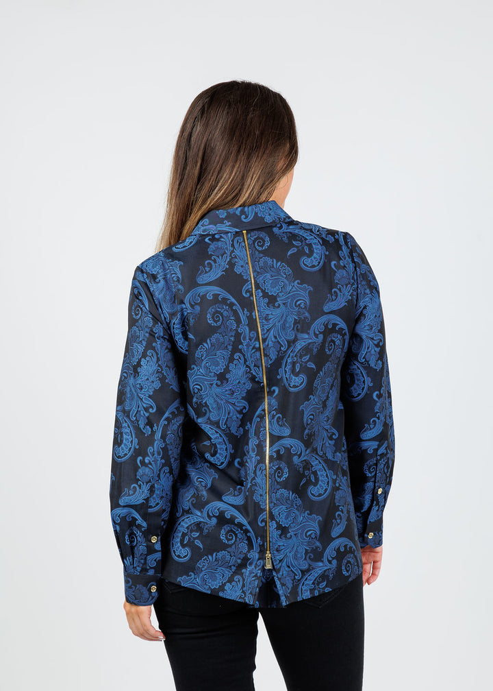 Hinson Wu Xena Long Sleeve Black/Electric Blue Print Shirt available at Barbara Katz