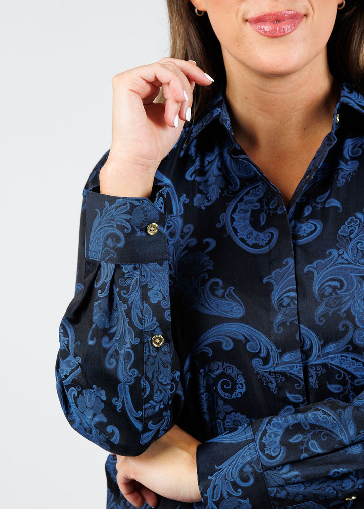 Hinson Wu Xena Long Sleeve Black/Electric Blue Print Shirt available at Barbara Katz