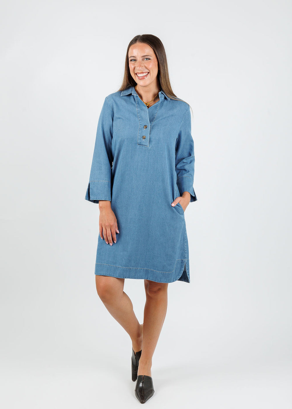 Hinson Wu Aileen 3/4 Sleeve Denim Dress in Medium Wash available at Barbara Katz