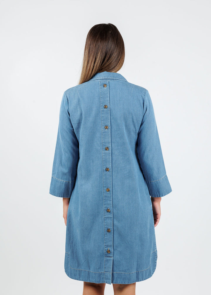 Hinson Wu Aileen 3/4 Sleeve Denim Dress in Medium Wash available at Barbara Katz