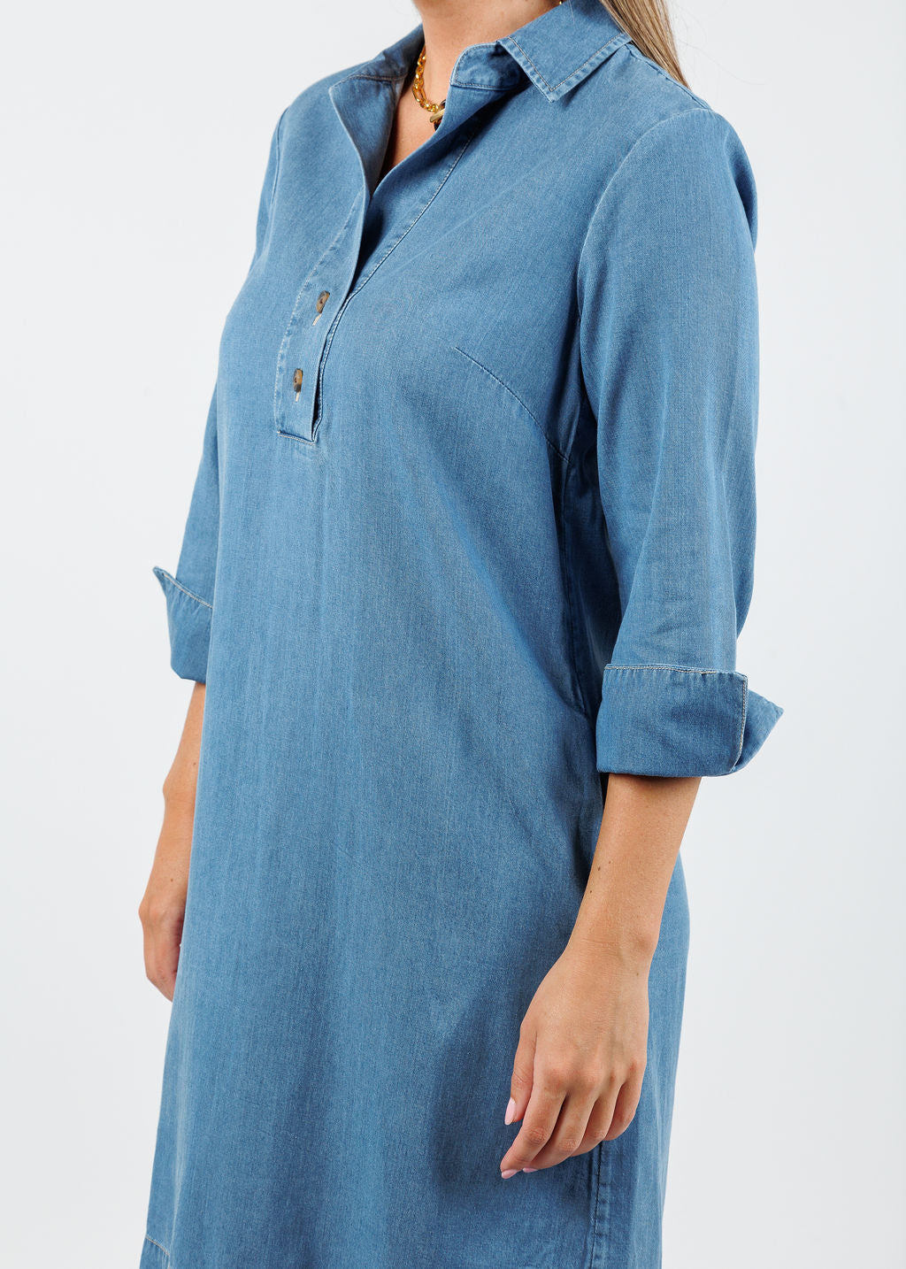 Hinson Wu Aileen 3/4 Sleeve Denim Dress in Medium Wash available at Barbara Katz
