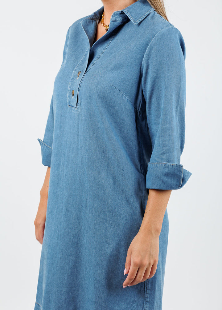 Hinson Wu Aileen 3/4 Sleeve Denim Dress in Medium Wash available at Barbara Katz
