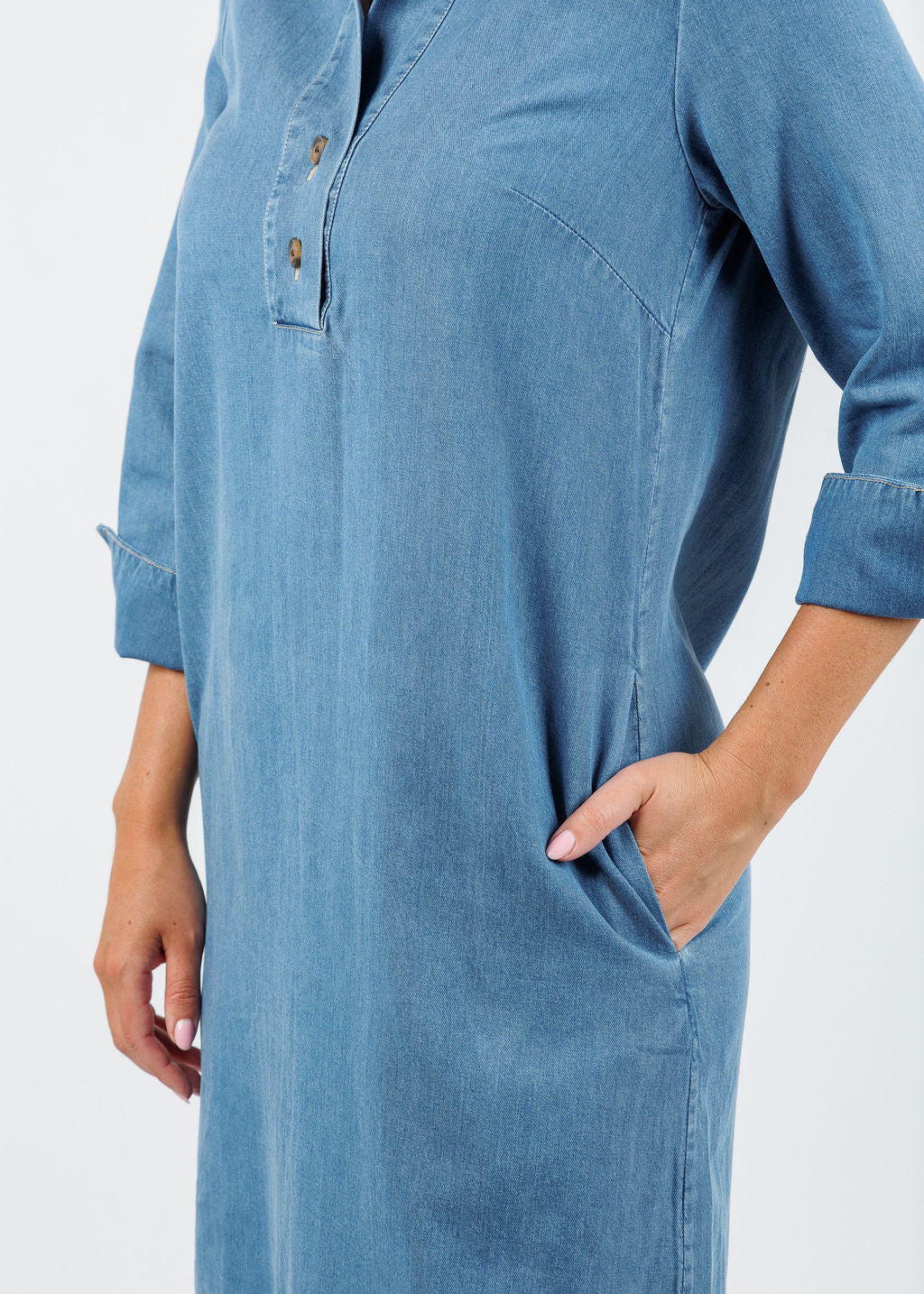 Hinson Wu Aileen 3/4 Sleeve Denim Dress in Medium Wash available at Barbara Katz